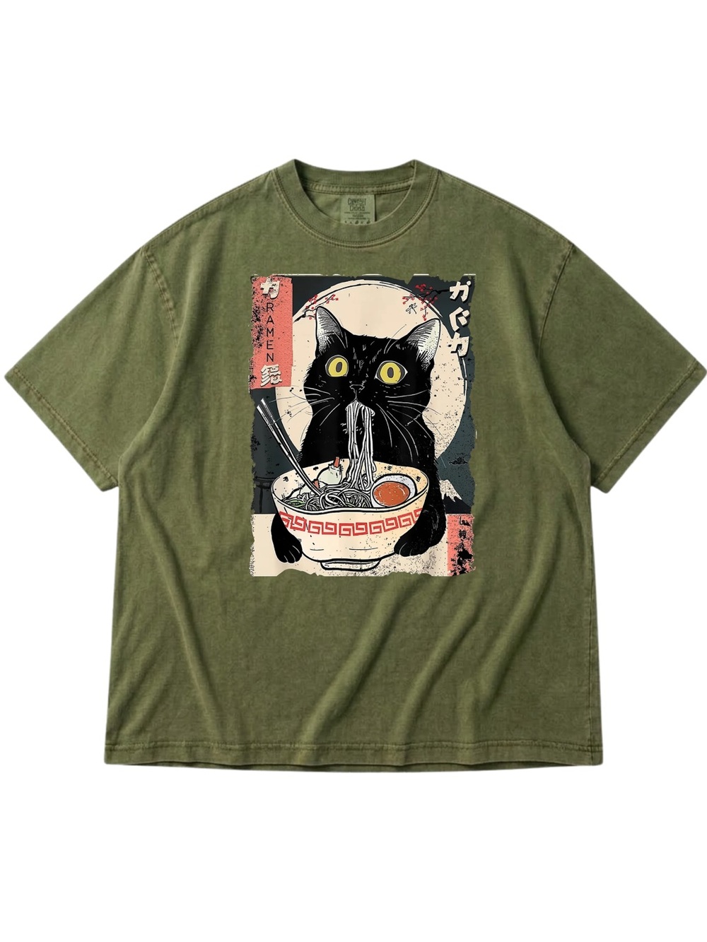 Comfort Colors Moss Short Sleeve Tee with Black Cat Ramen Graphic